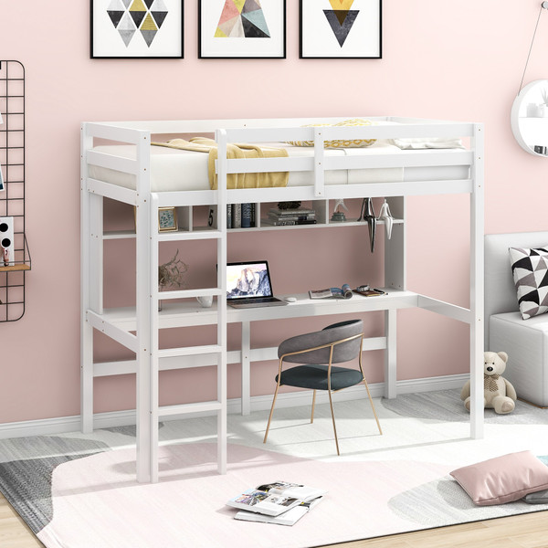 Minimalist White Twin Size Loft Bed With Built In Desk And Shelf 404251 By Homeroots