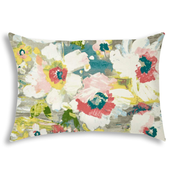 Gray Floral Painted Indoor Outdoor Sewn Lumbar Pillow 408525 By Homeroots