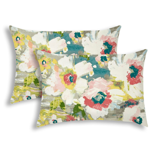 Set Of 2 Gray Floral Painted Indoor Outdoor Sewn Lumbar Pillows 408526 By Homeroots