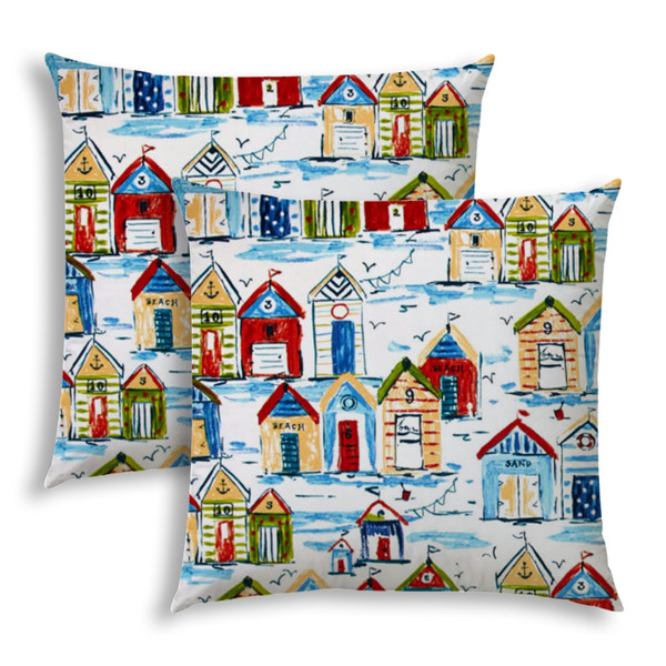 20" Set Of 2 Blue Beach House Indoor Outdoor Sewn Throw Pillows 409258 By Homeroots