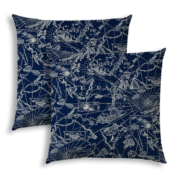 20" Set Of 2 Navy Nautical Indoor Outdoor Sewn Throw Pillows 409274 By Homeroots