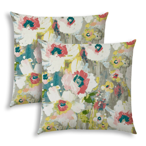 Set Of 2 Gray Floral Painted Indoor Outdoor Sewn Throw Pillows 409360 By Homeroots
