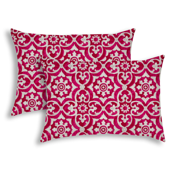 Set Of 2 Pink Medallion Indoor Outdoor Sewn Lumbar Pillows 416282 By Homeroots