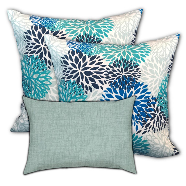 Set Of 3 Seafoam Blooms Indoor Outdoor Zippered Pillow Covers 472872 By Homeroots