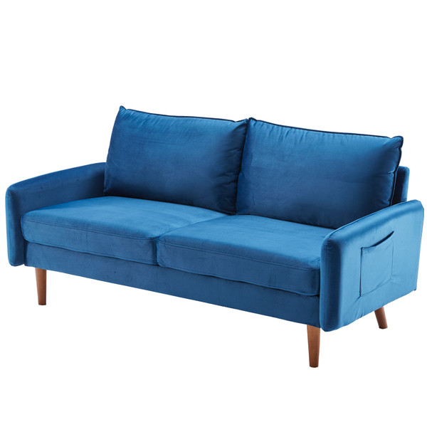Blue Contemporary Velvet Sofa With Side Pockets 473443 By Homeroots