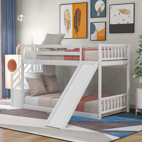 White Twin Over Twin Bunk Bed With Stairway And Slide 403914 By Homeroots