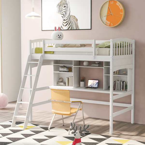 White Twin Size Loft Bed With Desk And Shelves 404069 By Homeroots