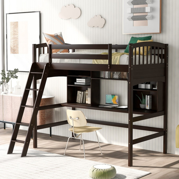 Brown Twin Size Loft Bed With Desk And Shelves 404070 By Homeroots