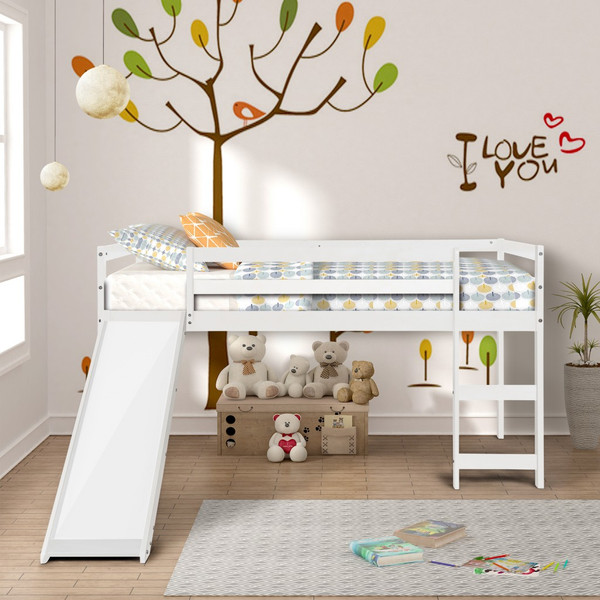 White Low Loft Bed With Slide 404107 By Homeroots