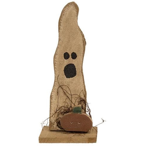 Rustic Wood Skinny Ghost W/Pumpkin On Base G22300 By CWI Gifts