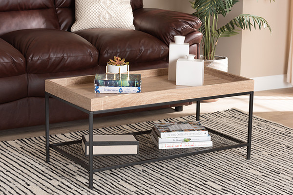 Overton Modern Industrial Oak Brown Finished Wood And Black Metal Coffee Table By Baxton Studio LCF20265-Wood/Metal-CT
