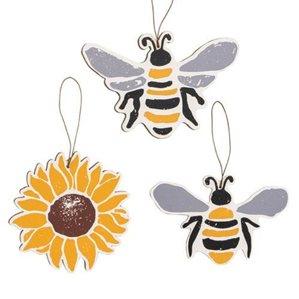 3/Set Bees & Sunflower Wooden Ornaments G35919 By CWI Gifts