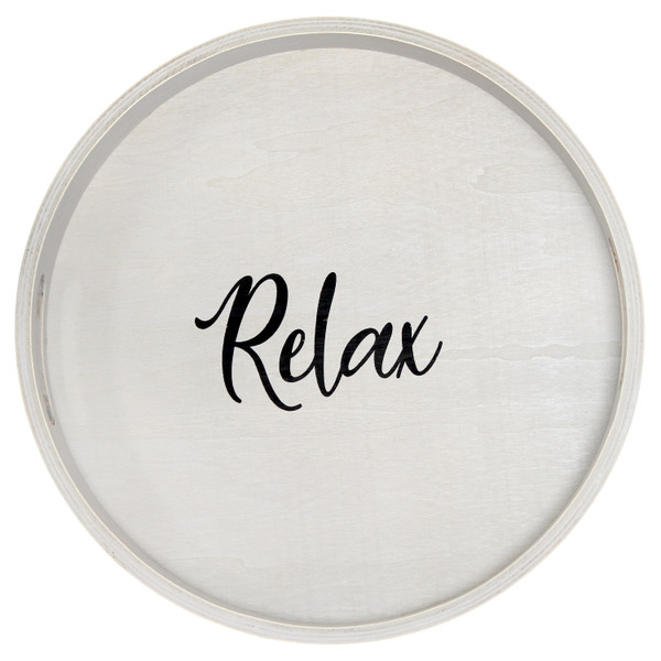 All The Rages Elegant Designs Decorative 13.75" Round Wood Serving Tray With Handles, "Relax" HG2013-GYX