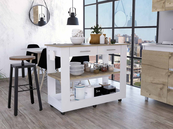 Light Oak And White Kitchen Island With Drawer Shelves And Casters 474097 By Homeroots