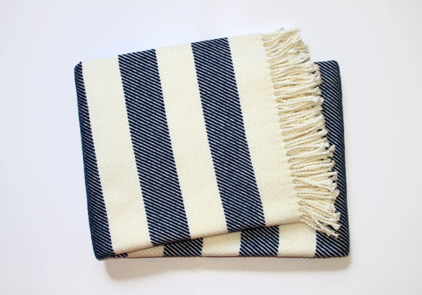 Cream And Navy Blue Slanted Stripe Fringed Throw Blanket 475716 By Homeroots