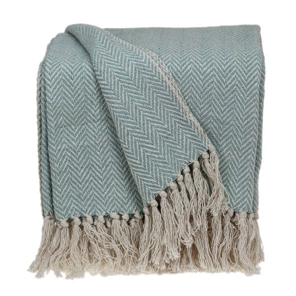 Handloomed Pale Aqua Cotton Throw Blanket With Tassels 476201 By Homeroots