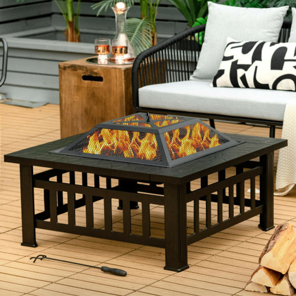 JV10256 32 Inch 3 In 1 Outdoor Square Fire Pit Table With Bbq Grill And Rain Cover For Camping