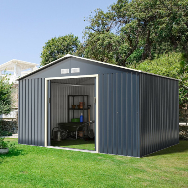 GT3733GR+ 11 X 8 Feet Metal Storage Shed For Garden And Tools With 2 Lockable Sliding Doors-Gray