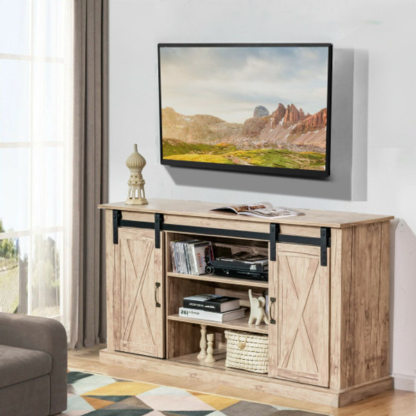 HV10086NA 55 Inch Sliding Barn Door Tv Stand Entertainment Media Console With Adjustable Shelf-Natural