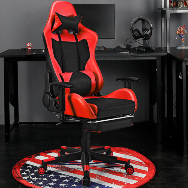 LiveHW66628RE Pu Leather Gaming Chair With Usb Massage Lumbar Pillow And Footrest-Red