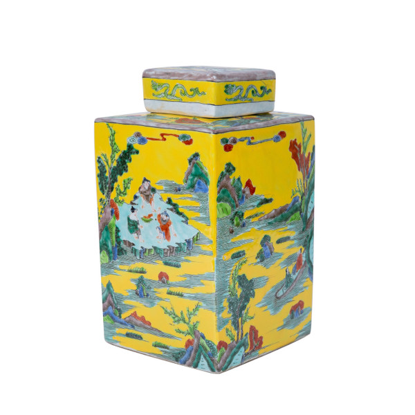 Yellow Square Tea Jar Landscape Motif 1466A