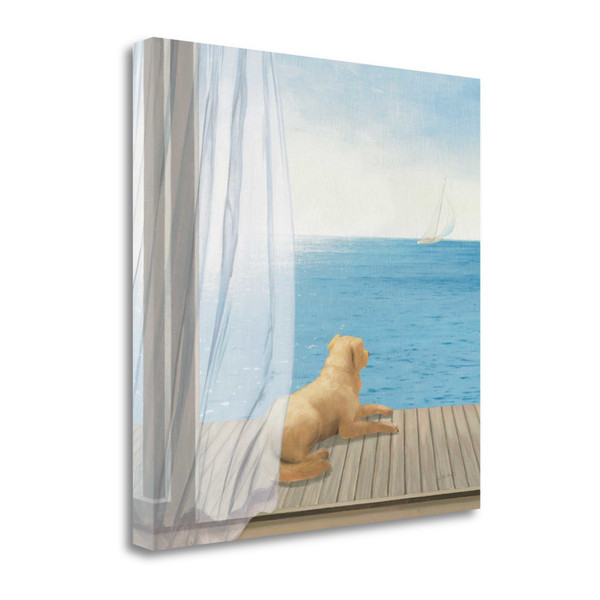 30" Coastal Sea View And Relaxed Dog Gallery Wrap Canvas Wall Art 463620 By Homeroots