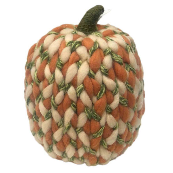 12" Ivory Green And Orange Chunky Knit Pumpkin Sculpture 476308 By Homeroots