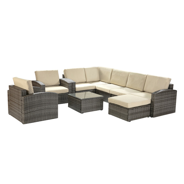 Brown Faux Rattan And Ivory Outdoor Sectional Sofa And Table Set 476393 By Homeroots