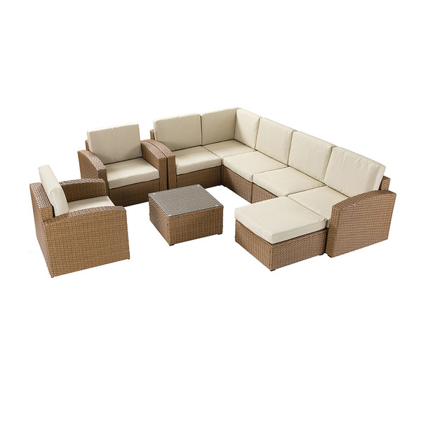 Natural Brown Faux Rattan And Ivory Outdoor Sectional Sofa And Table Set 476397 By Homeroots