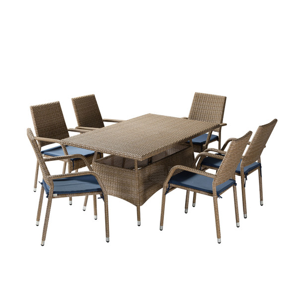 Natural Faux Rattan And Navy Outdoor Dining Table Set 476410 By Homeroots