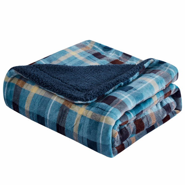 Ambrose Blue Reversible Velvet And Sherpa Throw Blanket 478043 By Homeroots