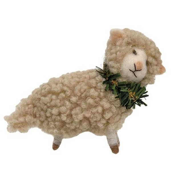 Small Felted Lamb W/Green Collar Ornament GQHT2723 By CWI Gifts