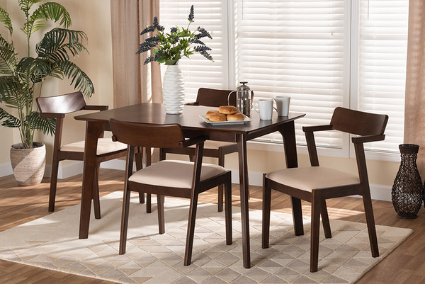 Berenice Mid-Century Modern Transitional Cream Fabric and Dark Brown Finished Wood 5-Piece Dining Set By Baxton Studio Berenice-Beige/Cappuccino-5PC Dining Set