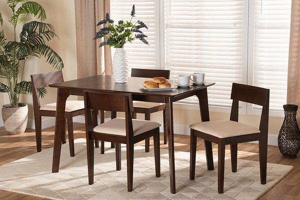 Camilla Mid-Century Modern Cream Fabric and Dark Brown Finished Wood 5-Piece Dining Set By Baxton Studio Camilla-Beige/Cappuccino-5PC Dining Set