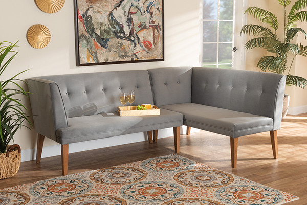 Stewart Mid-Century Modern Grey Velvet Upholstered and Walnut Brown Finished Wood 2-Piece Dining Nook Banquette Set By Baxton Studio BBT8062-Grey Velvet/Walnut-2PC SF Bench