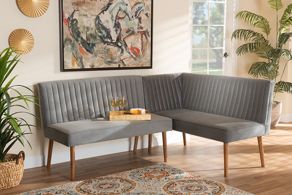 Alvis Mid-Century Modern Grey Velvet Upholstered and Walnut Brown Finished Wood 2-Piece Dining Nook Banquette Set By Baxton Studio BBT8063-Grey Velvet/Walnut-2PC SF Bench