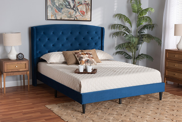 Joanna Modern and Contemporay Navy Blue Velvet Fabric Upholstered and Dark Brown Finished Wood Queen Size Platform Bed By Baxton Studio DV20812-Navy Blue Velvet-Queen