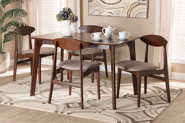 Daria Mid-Century Modern Warm Grey Fabric and Dark Brown Finished Wood 5-Piece Dining Set By Baxton Studio Daria-Grey/Cappuccino-5PC Dining Set