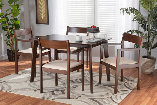 Helene Mid-Century Modern Cream Fabric and Dark Brown Finished Wood 5-Piece Dining Set By Baxton Studio Cassia-Beige/Cappuccino-5PC Dining Set