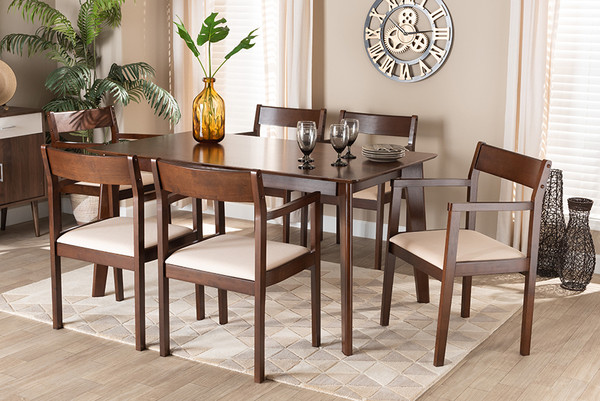 Helene Mid-Century Modern Cream Fabric and Dark Brown Finished Wood 7-Piece Dining Set By Baxton Studio Glenda-Beige/Cappuccino-7PC Dining Set