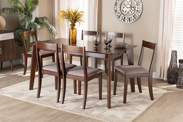 Carola Mid-Century Modern Warm Grey Fabric and Dark Brown Finished Wood 7-Piece Dining Chair Set By Baxton Studio Gloria-Grey/Cappuccino-7PC Dining Set