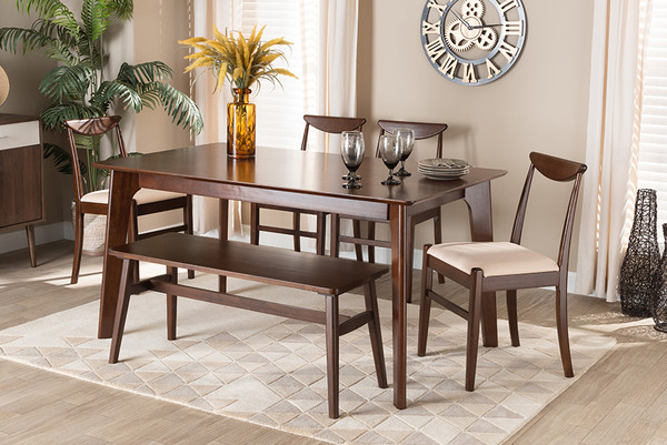 Delphina Mid-Century Modern Cream Fabric and Dark Brown Finished Wood 6-Piece Dining Set By Baxton Studio Julissa-Beige/Cappuccino-6PC Dining Set