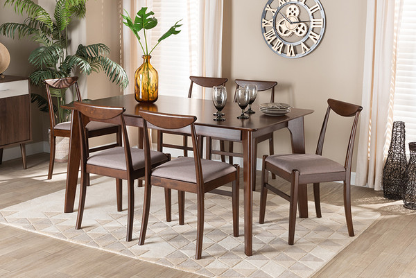 Delphina Mid-Century Modern Warm Grey Fabric and Dark Brown Finished Wood 7-Piece Dining Set By Baxton Studio Karina-Grey/Cappuccino-7PC Dining Set