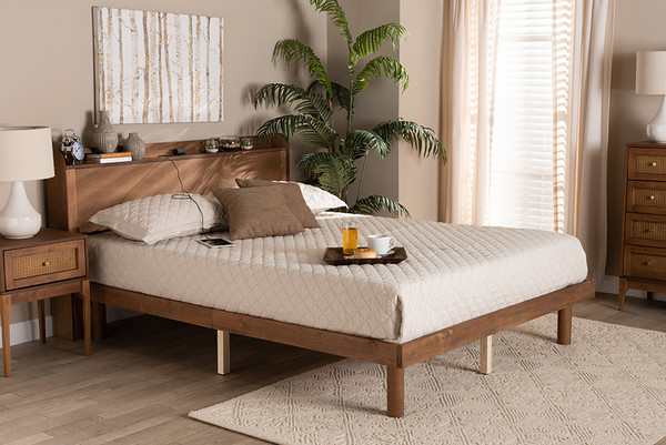 Decker Mid-Century Modern Transitional Walnut Brown Finished Wood Full Size Platform Bed with Charging Station By Baxton Studio MG0081S-Walnut-Full