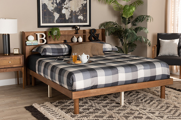 Harper Mid-Century Modern Transitional Walnut Brown Finished Wood Queen Size Platform Bed with Charging Station By Baxton Studio MG0080S-Walnut-Queen