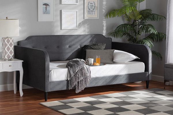 Kaya Modern and Contemporary Grey Velvet Fabric and Dark Brown Finished Wood Full Size Daybed By Baxton Studio DV20801-Grey Velvet Daybed-Full