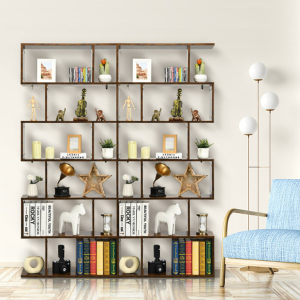 CB10344CF 6 Tier S-Shaped Bookshelf Storage Display Bookcase Decor Z-Shelf -Coffee