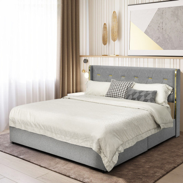 HU10228SL-F Full/Queen Size Upholstered Bed Frame With 4 Drawers-Silver-Full Size