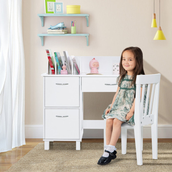 HW66181WH Kids Wooden Writing Furniture Set With Drawer And Storage Cabinet-White