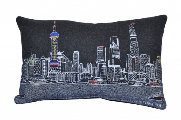 24" Black Shanghai Nighttime Skyline Lumbar Decorative Pillow 482520 By Homeroots